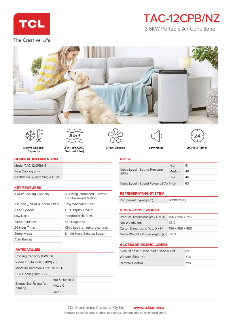 Página 1 del manual Ficha técnica TCL TAC-12CPB/NZ