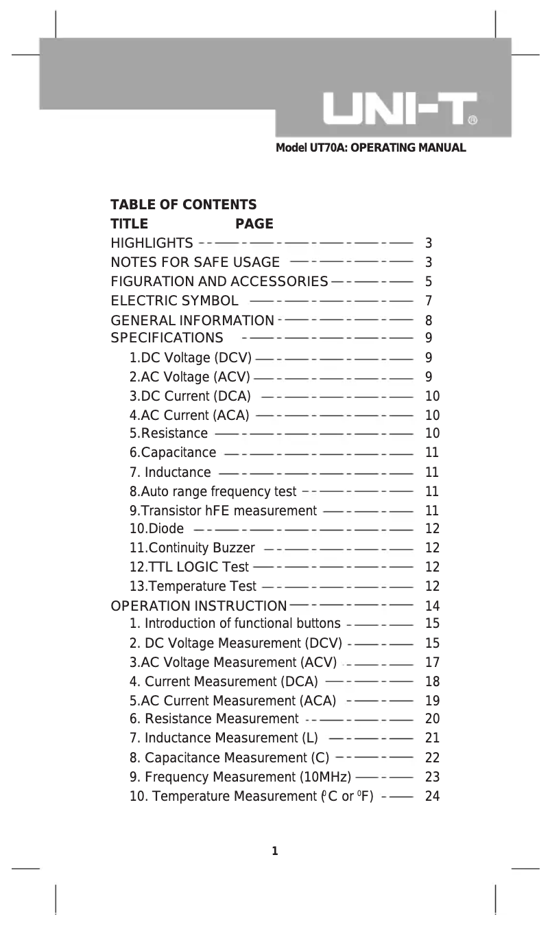 Página 1 del manual Manual de usuario Uni-T UT70A