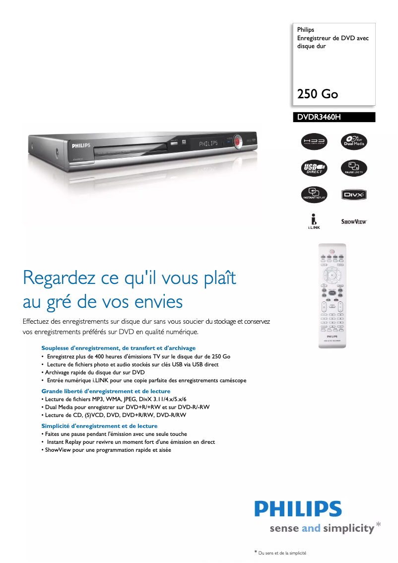 Página 1 del manual Ficha técnica Philips DVDR3460H