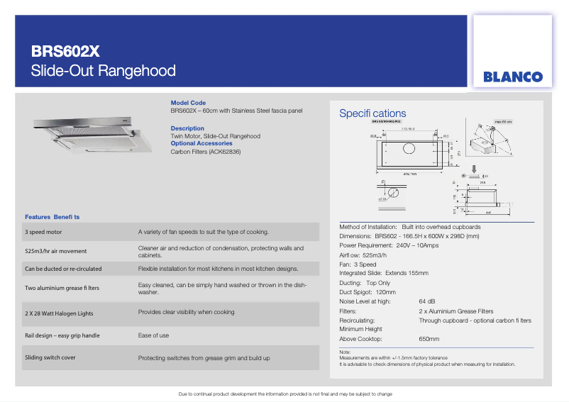 Página 1 del manual Ficha técnica BLANCO BRS602X