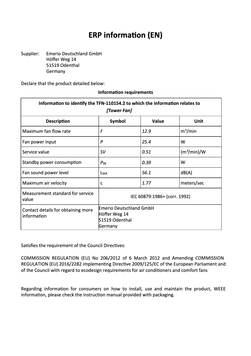 Página 1 del manual Ficha técnica Emerio TFN-110154.2