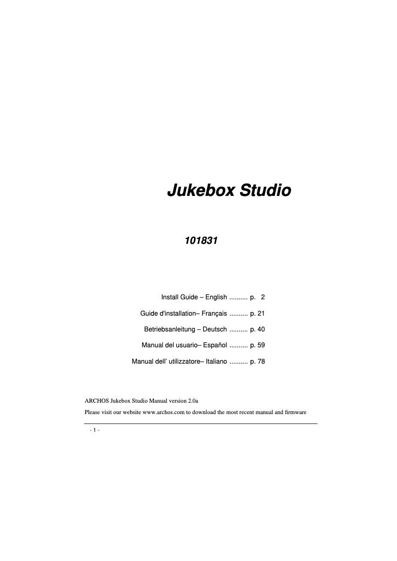Imagen de la primera página del manual del dispositivo Jukebox Studio