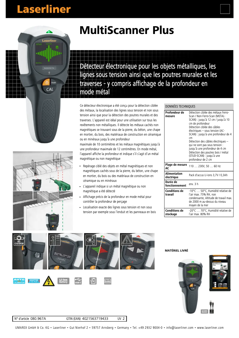 Página 1 del manual Ficha técnica Laserliner MultiScanner Plus