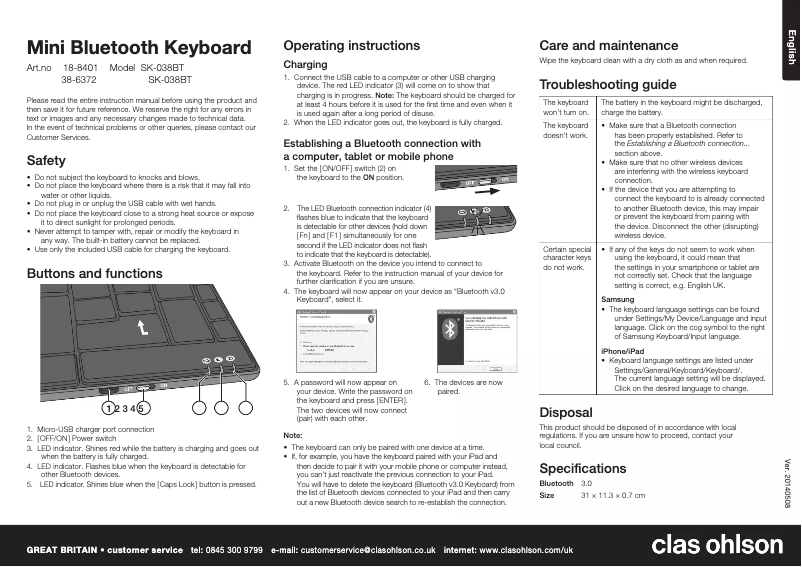 Imagen de la primera página del manual del dispositivo SK-039BT