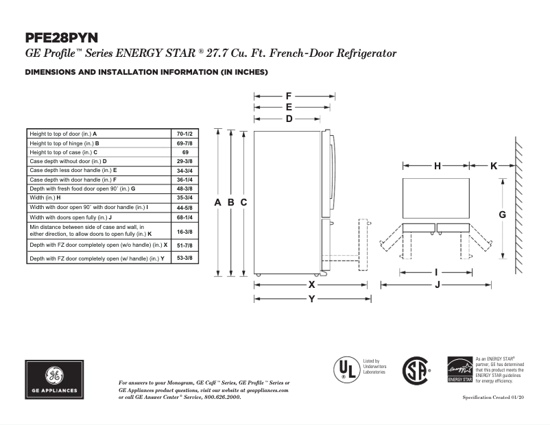 Página 1 del manual Ficha técnica GE Profile PFE28PYNFS