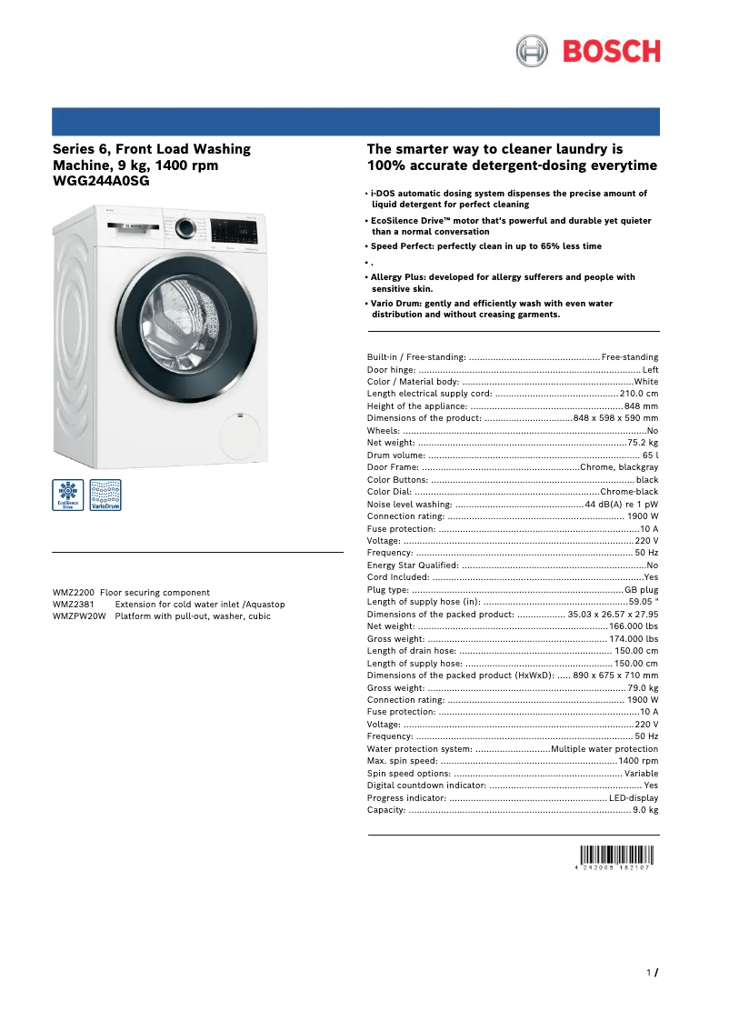 Página 1 del manual Ficha técnica Bosch WGG244A0SG