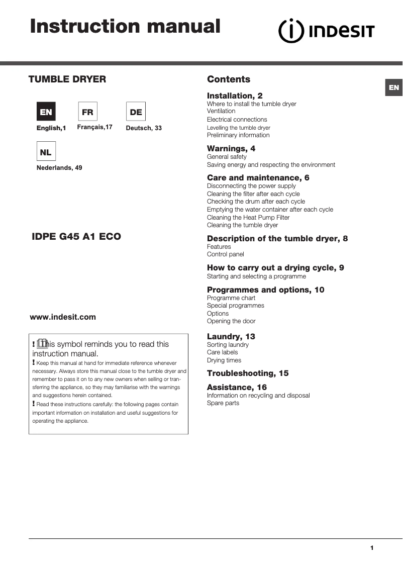 Imagen de la primera página del manual del dispositivo IDPE G45X A1 ECO(EU)