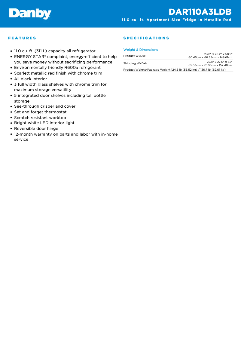 Página 1 del manual Ficha técnica Danby DAR110A3LDB