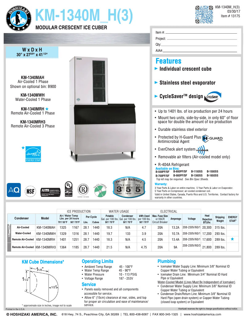 Página 1 del manual Ficha técnica Hoshizaki KM-1340MWH