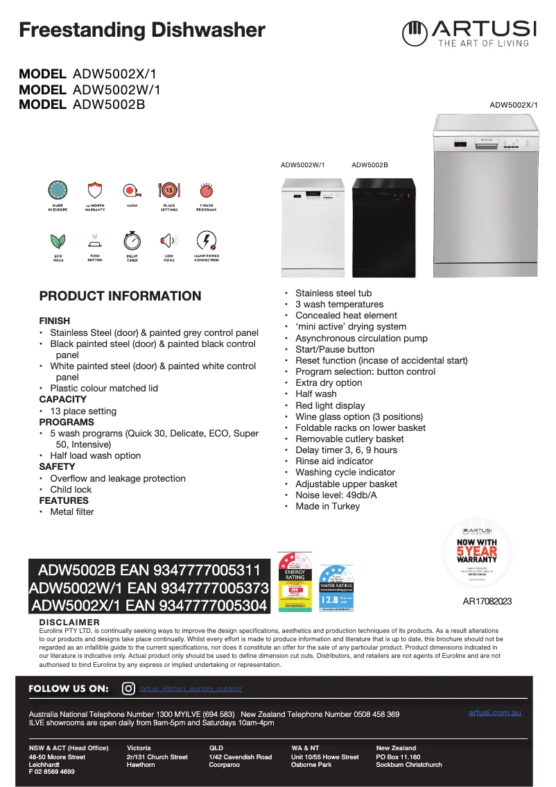 Página 1 del manual Ficha técnica Artusi ADW5002X1