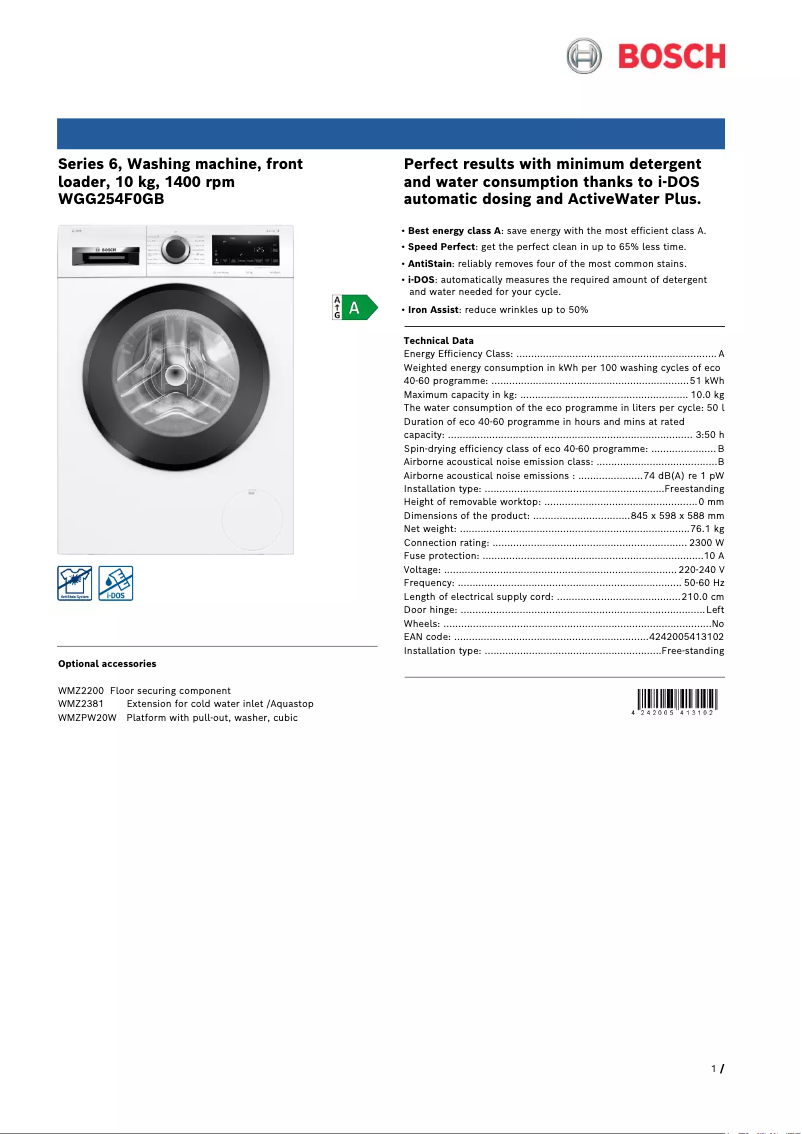 Página 1 del manual Ficha técnica Bosch WGG254F0GB