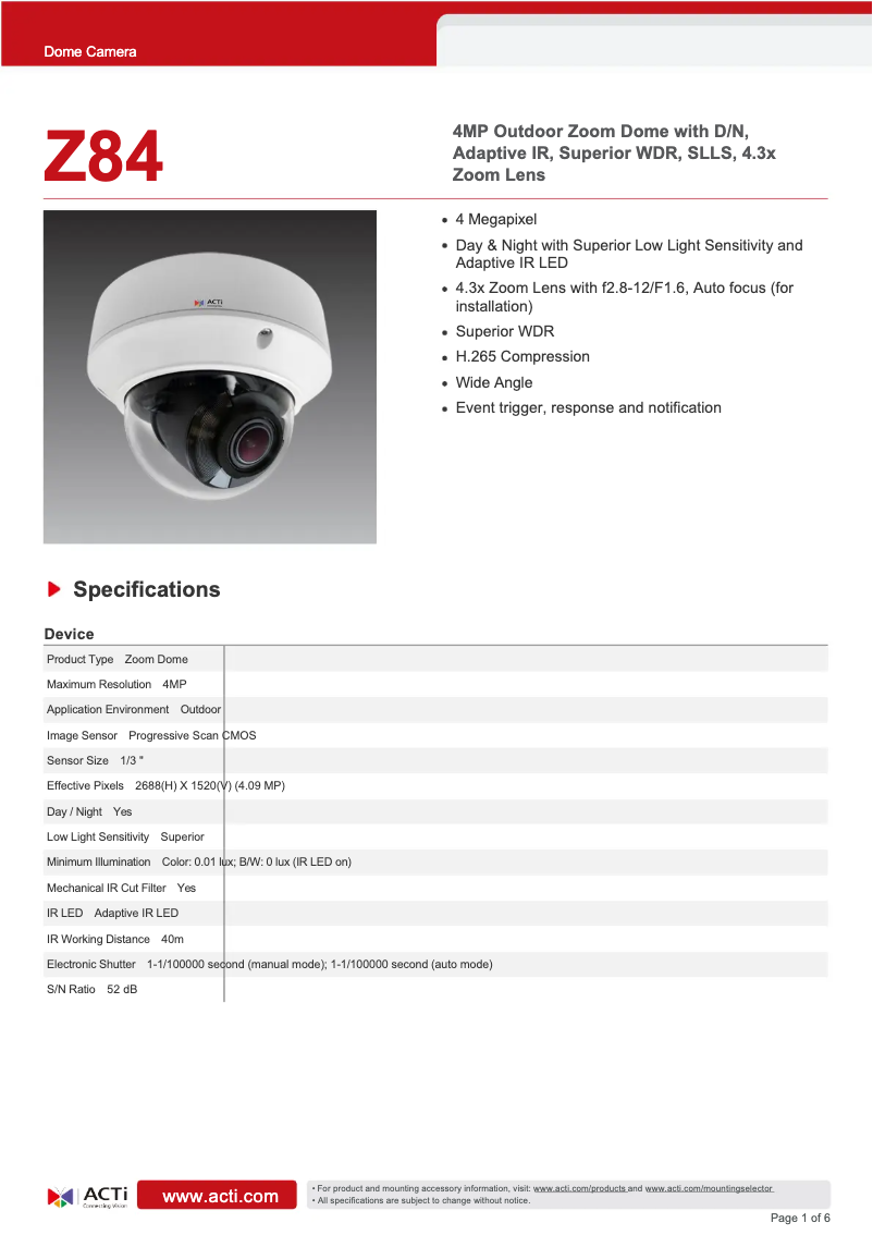 Página 1 del manual Ficha técnica ACTi Z84