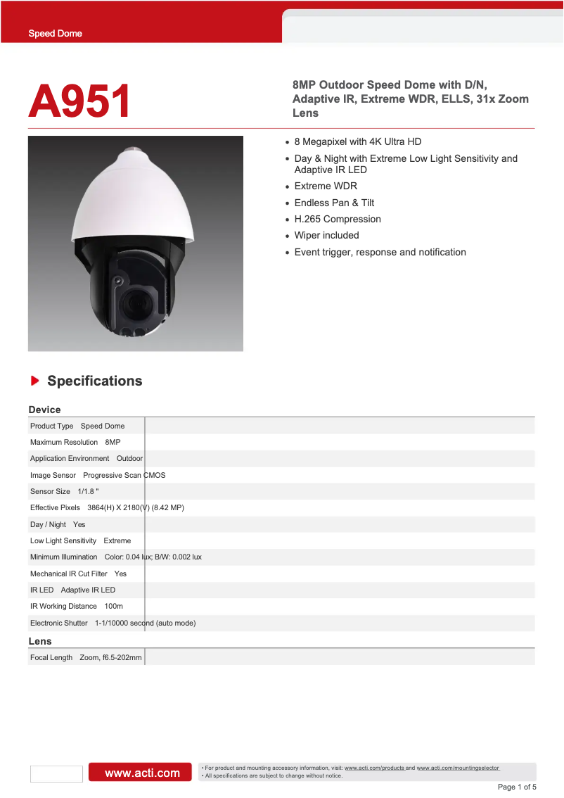 Página 1 del manual Ficha técnica ACTi A951
