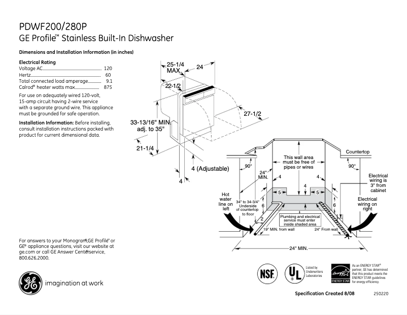 Página 1 del manual Ficha técnica GE Profile PDWF200PWW