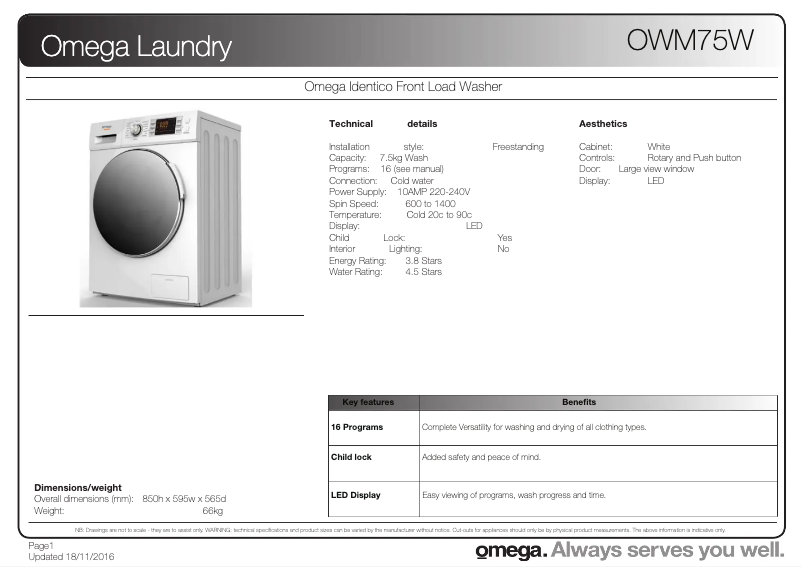 Página 1 del manual Ficha técnica Omega OWM75W