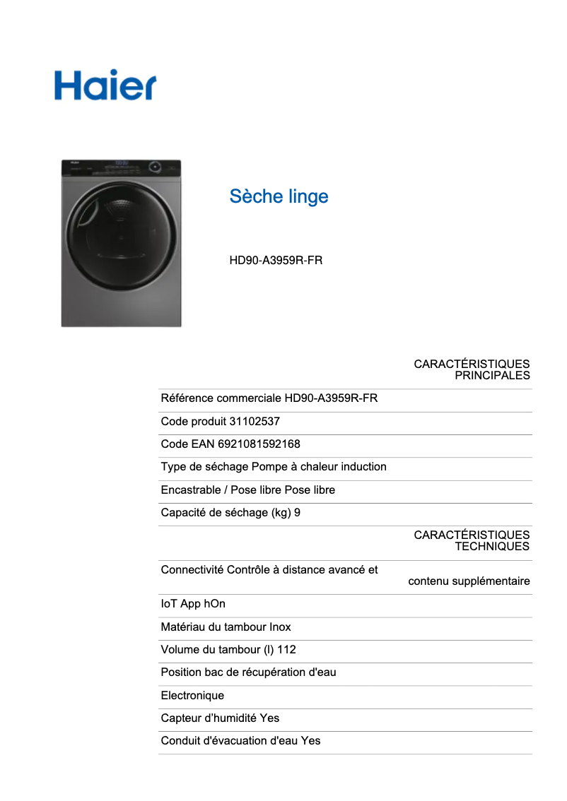 Página 1 del manual Etiqueta energética Haier HD90-A3959