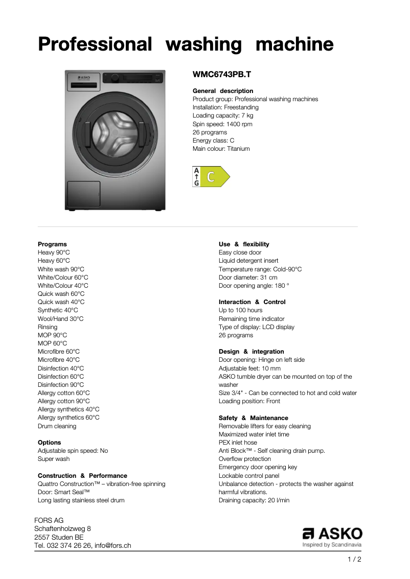 Página 1 del manual Ficha técnica Asko WMC6743PB
