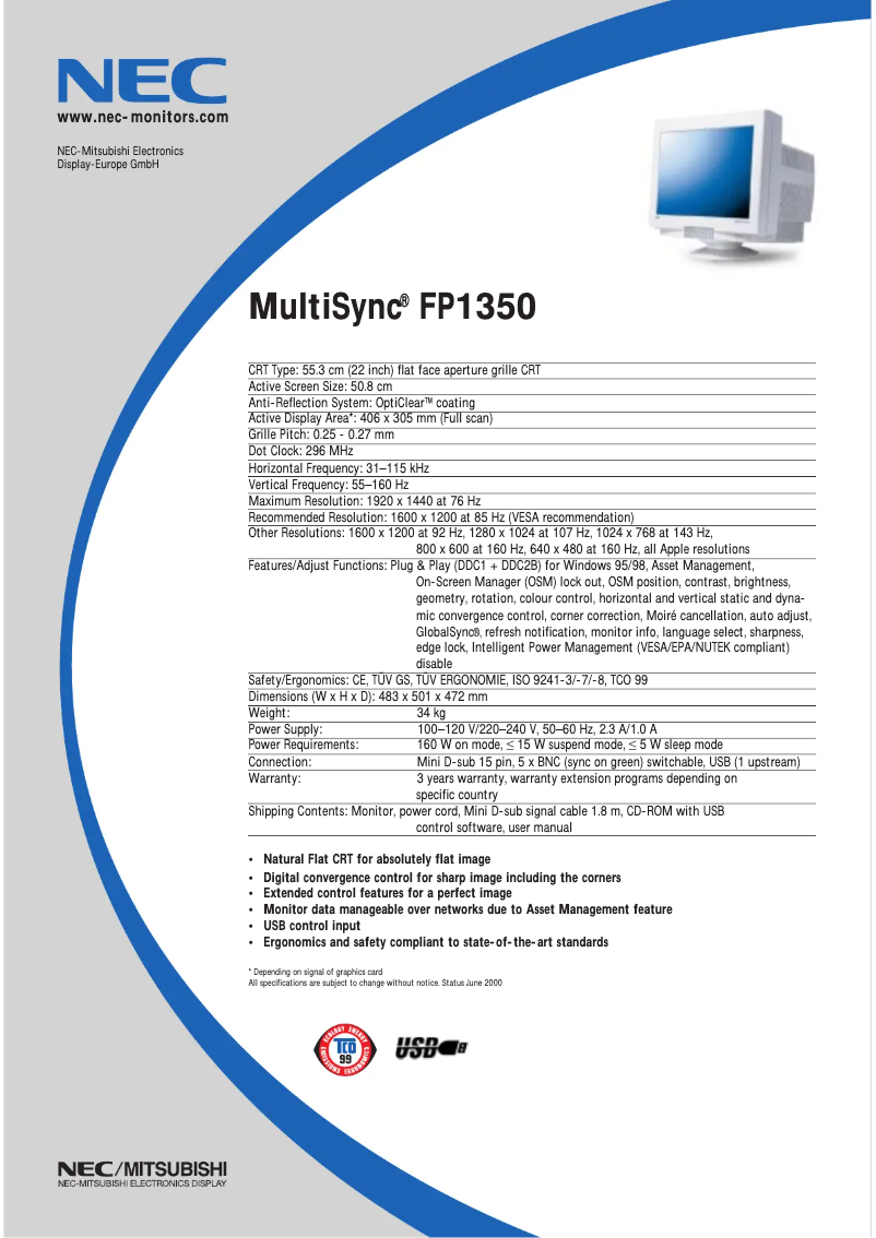 Imagen de la primera página del manual del dispositivo MultiSync FP1350