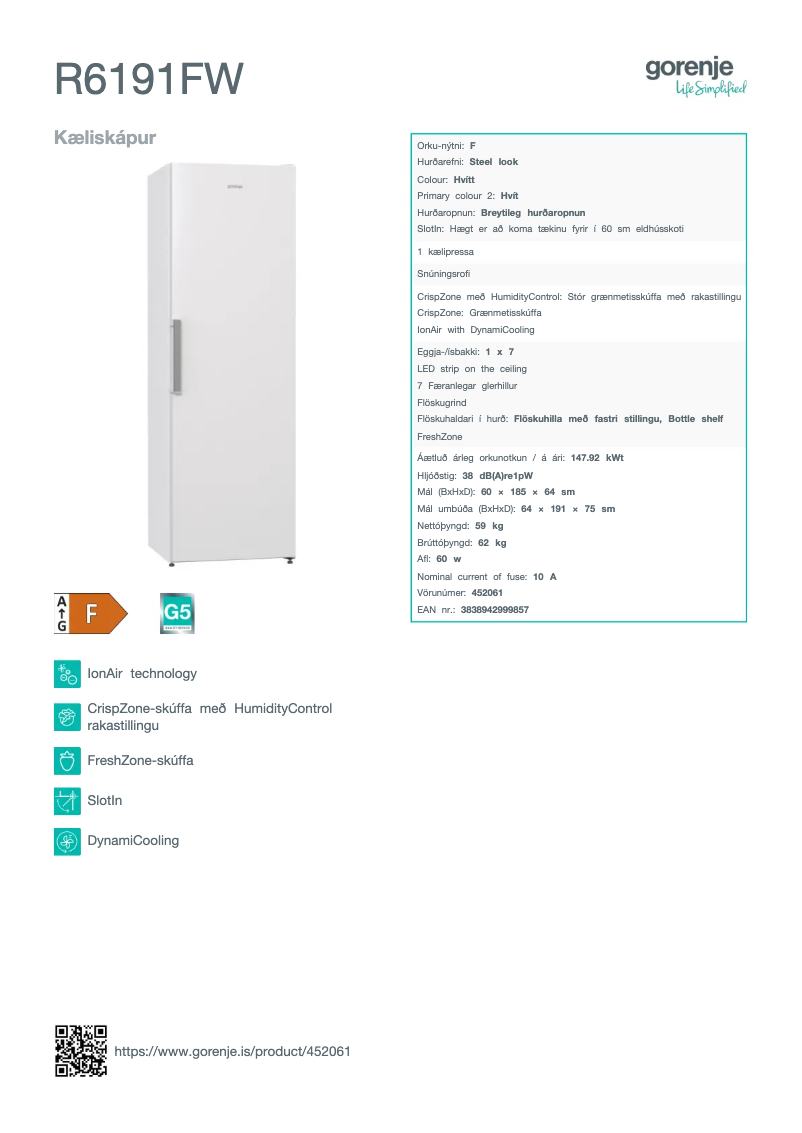 Página 1 del manual Ficha técnica Gorenje R6191FW