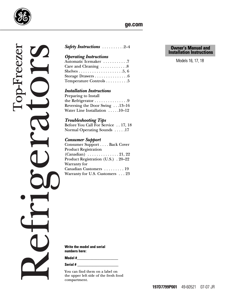 Página nº 1 - Manual de uso y mantenimiento GE GTR18ABRWW