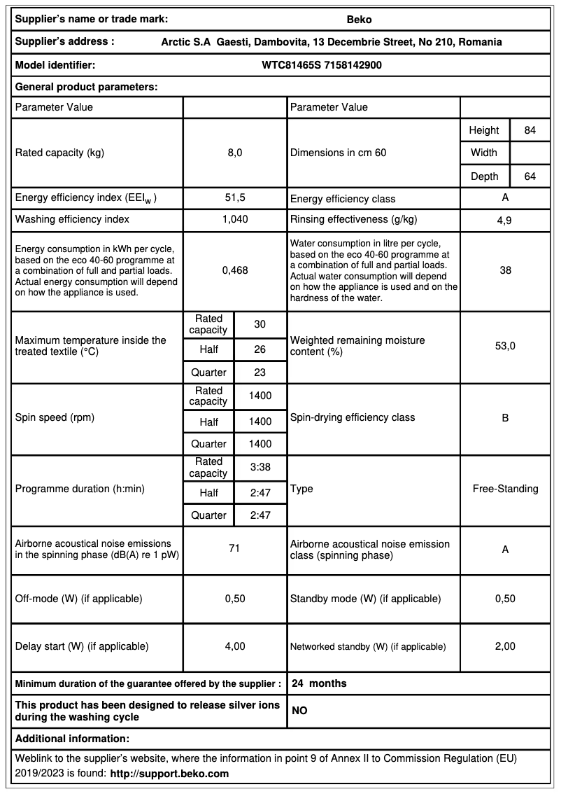 Página 1 del manual Ficha técnica Beko WTC81465S