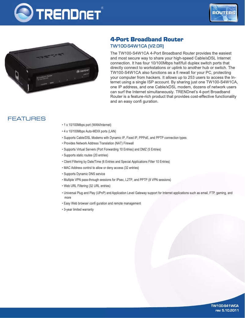 Página 1 del manual Ficha técnica TRENDnet TW100-S4W1CA