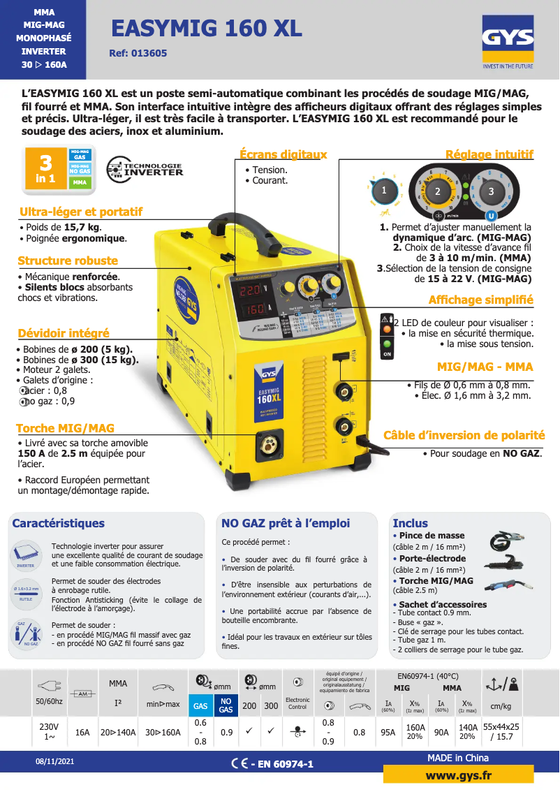 Página 1 del manual Ficha técnica GYS Easymig 160 XL