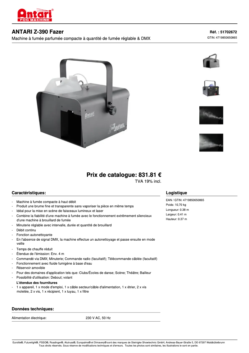 Página 1 del manual Ficha técnica Antari Z-390