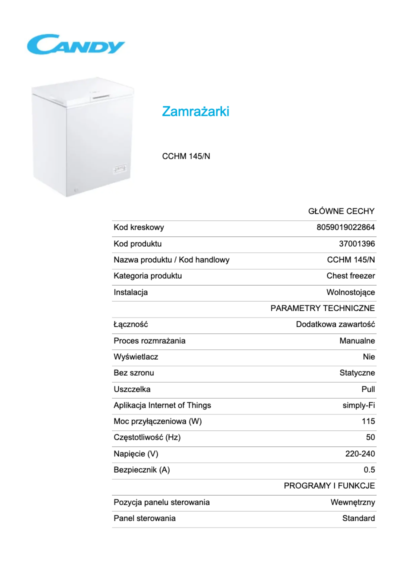 Página 1 del manual Ficha técnica Candy CCHM 145/N