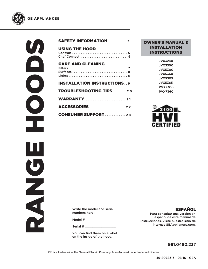 Página 1 del manual Ficha técnica GE JVX3240DJWW