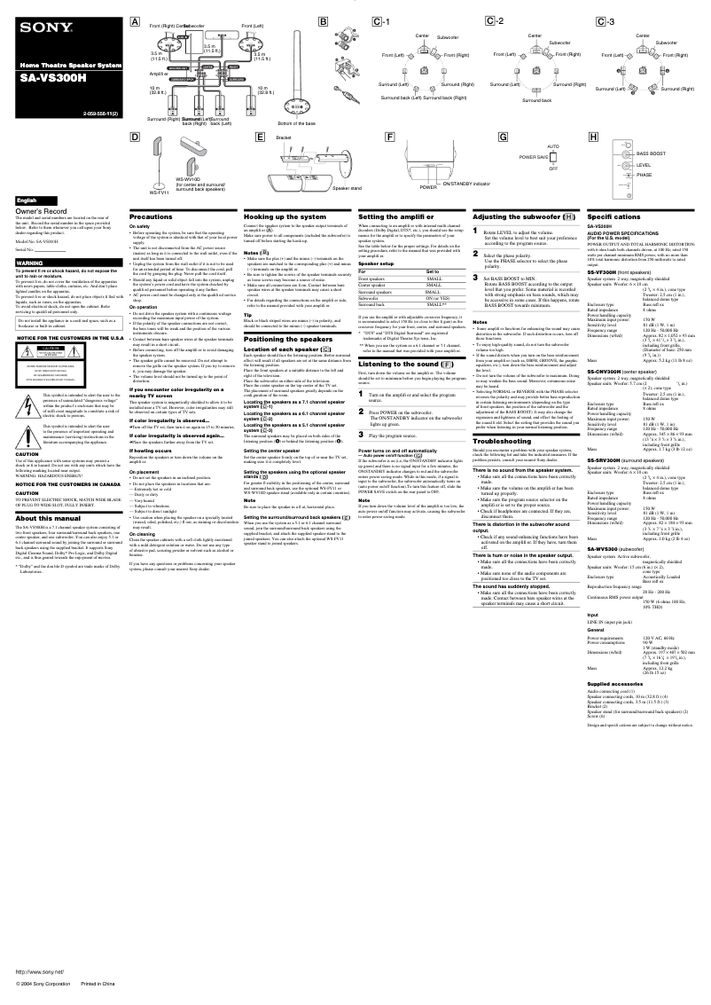 Página 1 del manual Manual de usuario Sony SA-VS300H