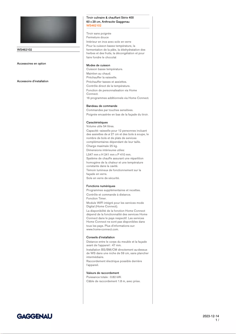 Página nº 1 - Ficha técnica Gaggenau WS462102