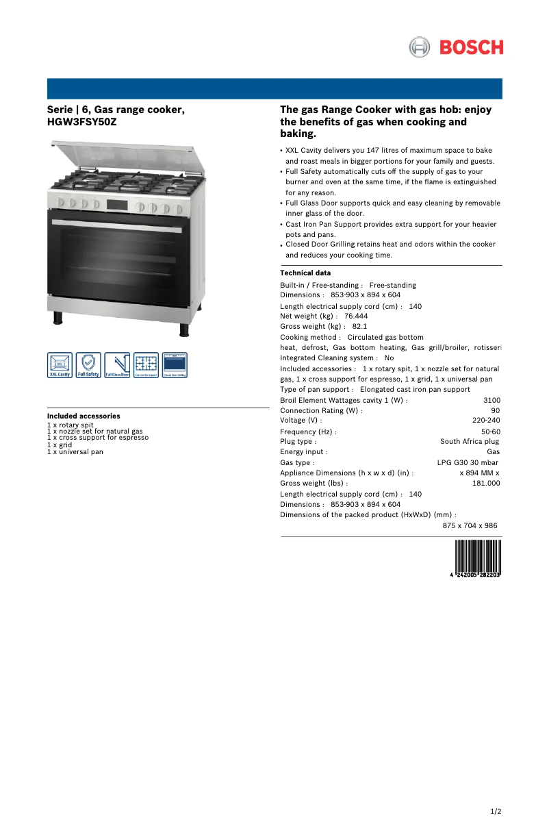 Página nº 1 - Ficha técnica Bosch HGW3FSY50Z