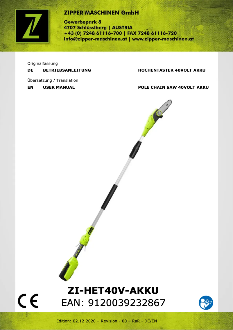 Página 1 del manual Manual de usuario Zipper ZI-HET40V-AKKU