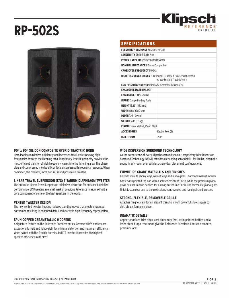Página 1 del manual Ficha técnica Klipsch Reference Premiere RP-502S