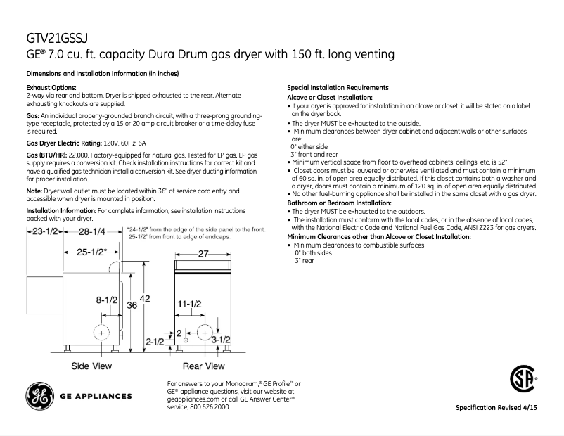 Página 1 del manual Ficha técnica GE GTV21GSSJWW