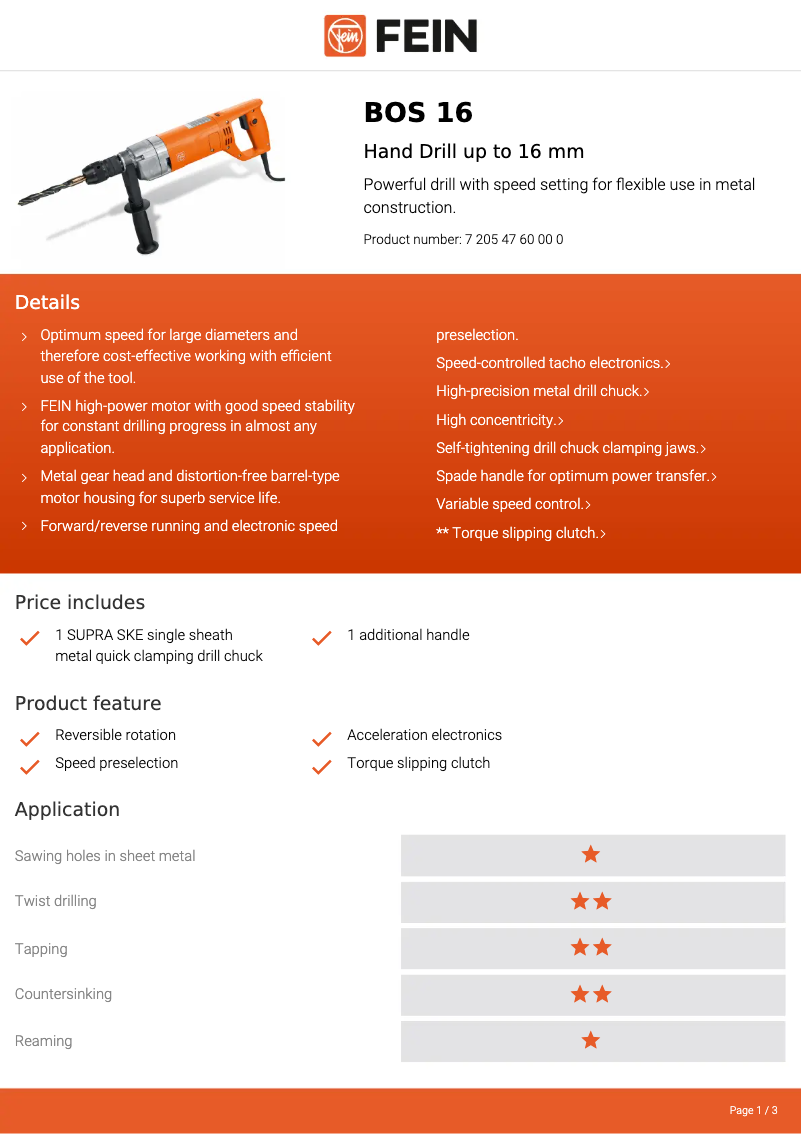 Página 1 del manual Ficha técnica Fein BOS 16