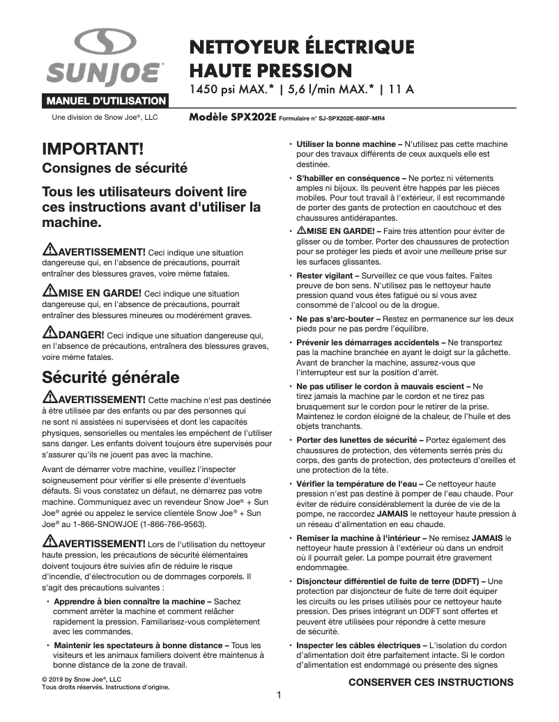 Página nº 1 - Manual de usuario Sun Joe SPX202E