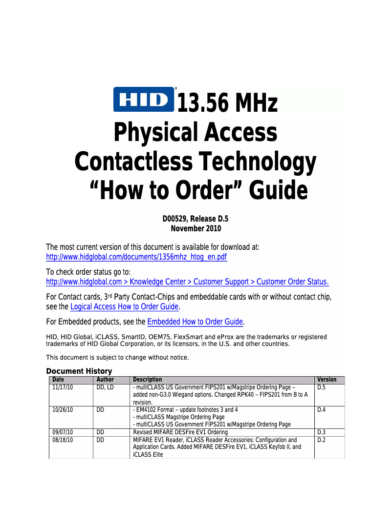 Imagen de la primera página del manual del dispositivo MIFARE Custom Reader 6072