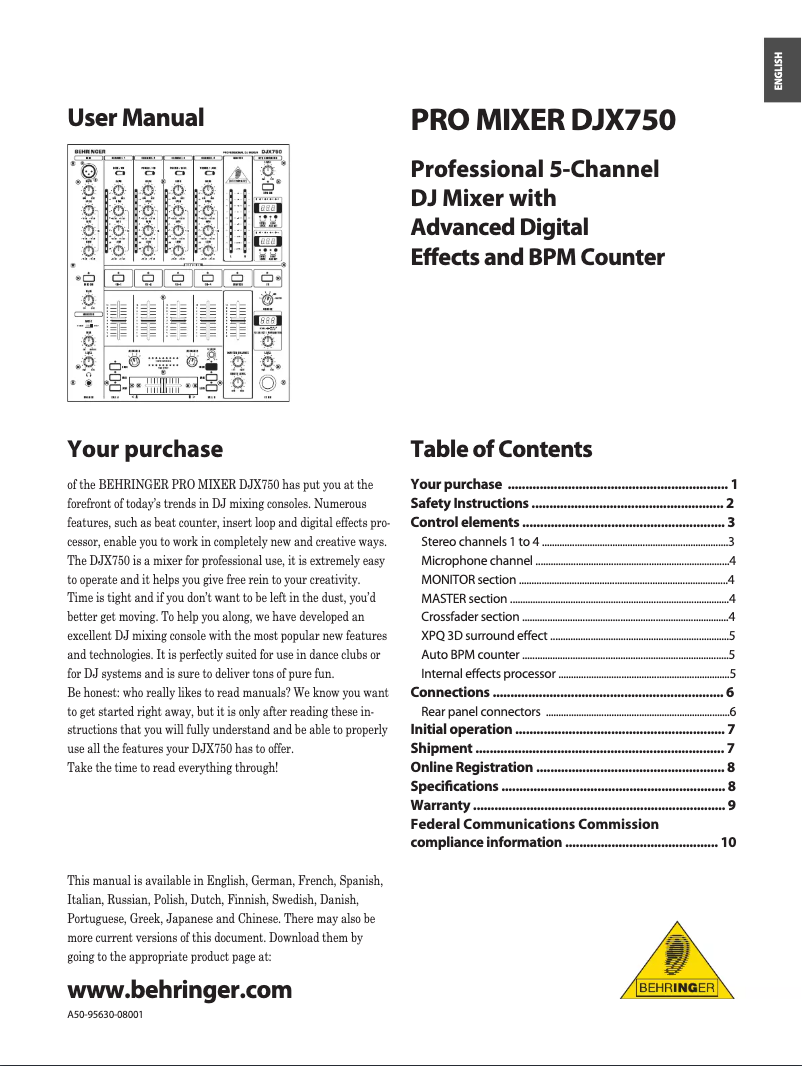 Imagen de la primera página del manual del dispositivo Pro Mixer DJX750