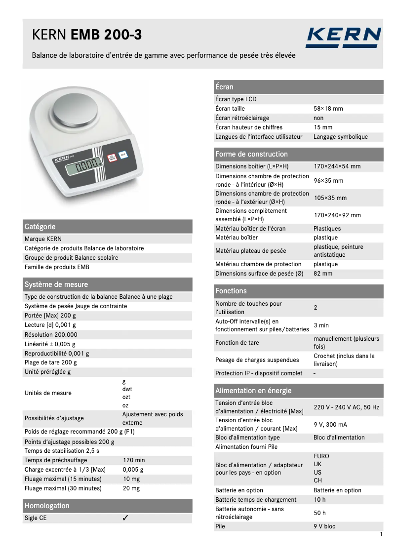 Página 1 del manual Ficha técnica Kern EMB 200-3