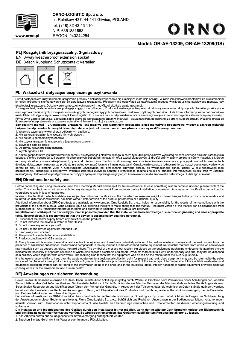 Imagen de la primera página del manual del dispositivo OR-AE-13209