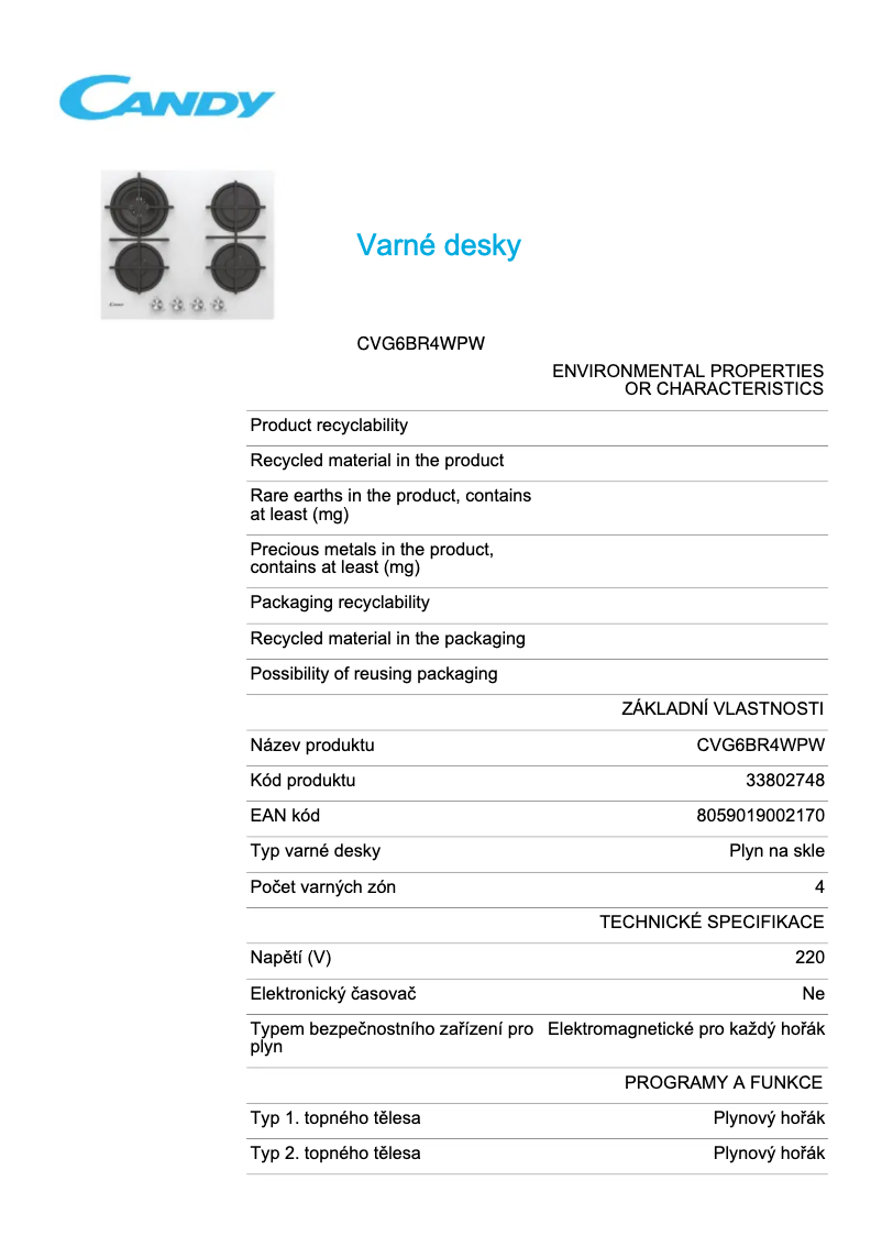 Página 1 del manual Ficha técnica Candy CVG6BR4WPW