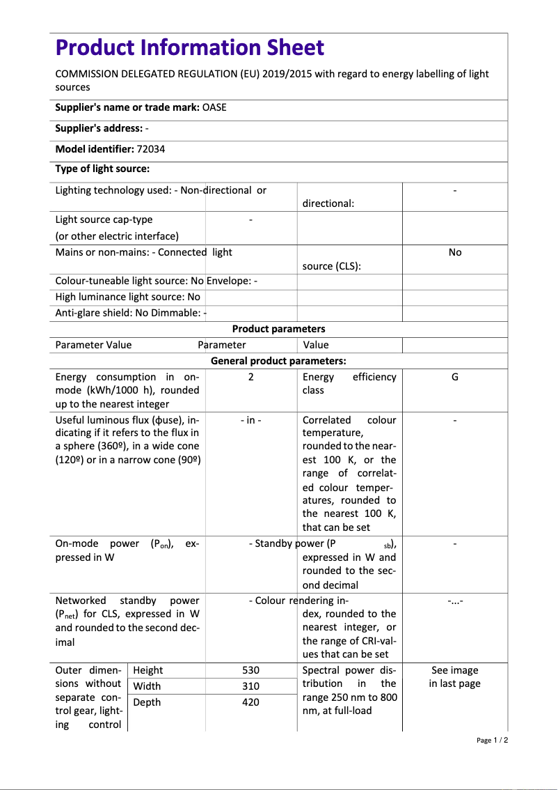 Página 1 del manual Ficha técnica Oase biOrb FLOW 30