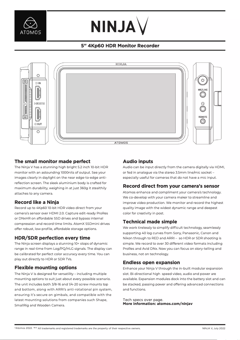 Página 1 del manual Ficha técnica Atomos Ninja V