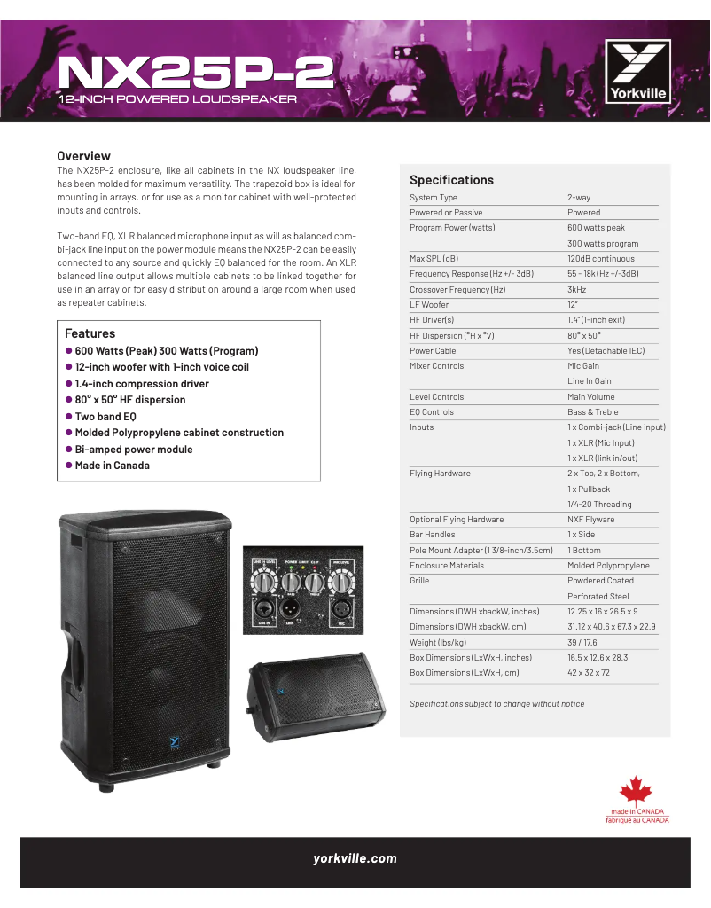 Página 1 del manual Ficha técnica Yorkville NX25P-2