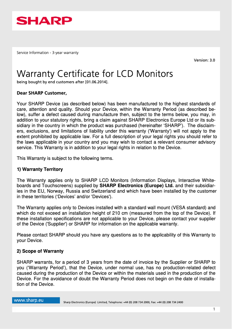 Página 1 del manual Información de garantía Sharp PN-65TH1
