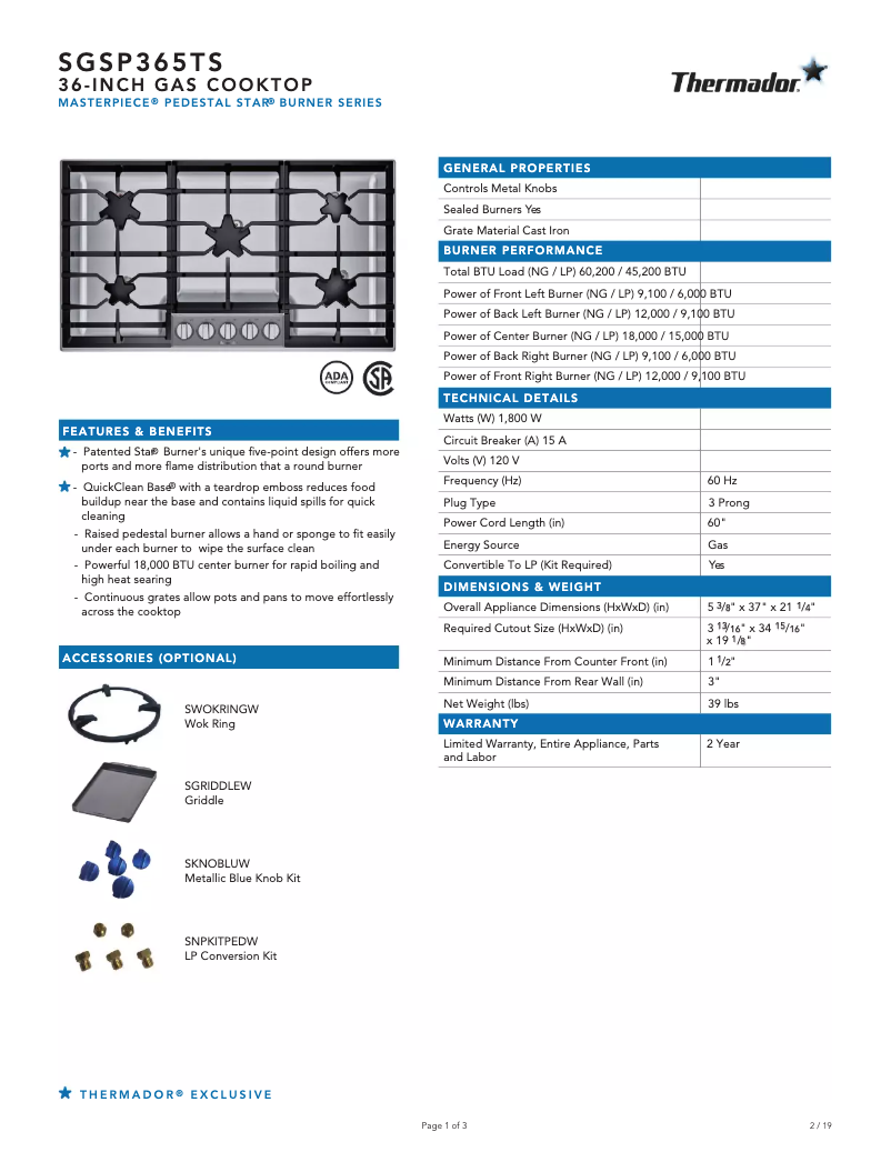 Página 1 del manual Ficha técnica Thermador SGSP365TS