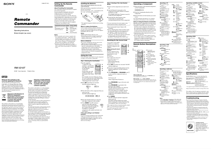 Imagen de la primera página del manual del dispositivo RM-V210T