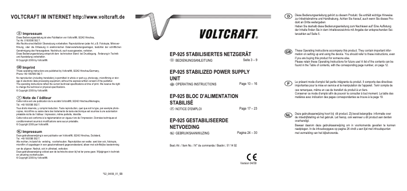 Página 1 del manual Manual de usuario Voltcraft EP-925